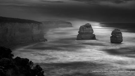 The Twelve Apostles - ocean, photography, black and white, australia, rocks