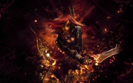 Katarina - woman, girl, game, red, league of legends, black, fantasy, katarina