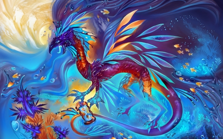 Dragon - art, yellow, red, blue, wings, dragon, fantasy