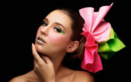 Girl - girl, flower, pink, make-up, paula tokarski, green, woman, model, face