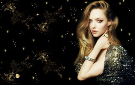 Amanda Seyfried - woman, actress, girl, black, amanda seyfried, by cehenot, fireflies, golden, blonde