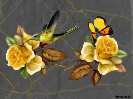 YELLOW ROSES - yellow, butterfly, roses, bird