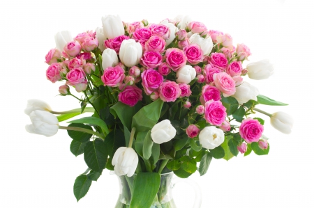 ♥Roses & Tulips♥ - flowers, roses, tulips, white, bouquet, pink