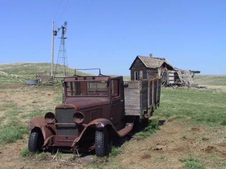 Long Ago - field, old house, grass, truck