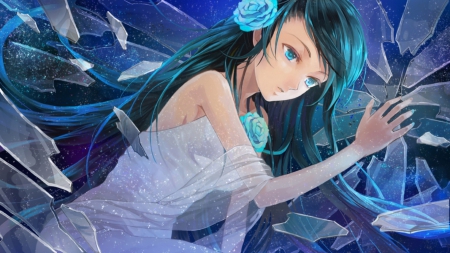 Blue Rose - flower, gloomy, rose, maiden, lying, lay, sorrow, gloom, pieces, blood plus, anime, break, laying, bloodplus, lovely, black hair, female, blue eyes, ice, beauyt, beautiful, blossom, girl, anime girl, lady, floral, blue rose, emotional, pretty, sweet, dress, diva, long hair, nice