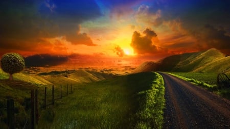 Road to Neverland - horizon, street, sky, sun, sunset, meadow, road, greenland, neverland, art, artwork, clouds, tree, abtract, grass, skyphoenixx1, fence, landscape, hills, grassland, sunrise