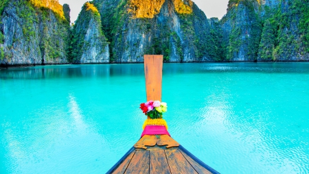 Crystal Turquoise Water - fist light, summer, beach, beautiful, boat, Phi Phi Island, limestone pillars, sunrise, ocean, Thailand, paradise