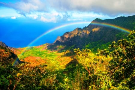 Rainbow Over The Valley - clouds, Kauai, trees, Na Pali, beautiful, ocean, valley, mountain, Hawaii, cliffs