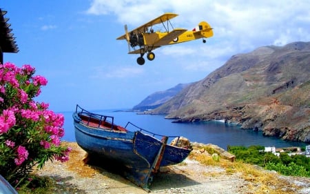 Biplane Cruising Around - flowers, biplane, landscape, boat