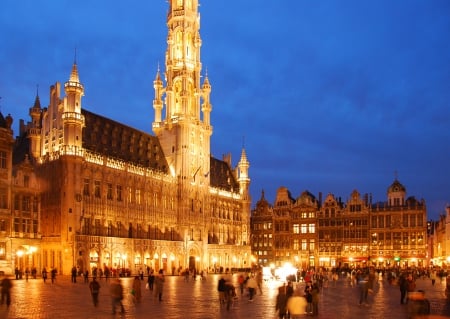 Brussels, Belgium in Europe - europe, blue, windows, night, reflection, architecture, brussels, lights, belgium, sky, building