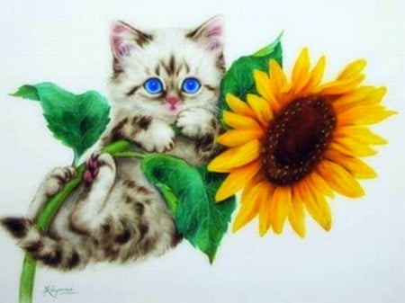 ..Sunflower Kitten.. - sunflowers, animals, kittens, creative pre-made, pretty, paintings, sunflower kitten, cute, adorable, draw and paint, summer, lovely, love four seasons, weird things people wear, cats, colors, flowers