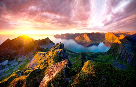 Sunset In Front The Bay - ocean, beach, sky, mountains, sunset, bay, coast, photographer, clouds, beautiful, island, grass, cliffs