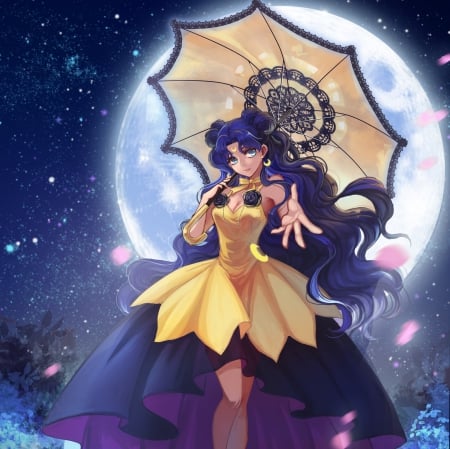 Luna - pretty, star, anime, yellow, female, blue, blossom, dress, night, long hair, sailor moon, umbrella, gorgeous, blue hair, hd, nice, sky, luna, moon, gown, anime girl, sailormoon, beautiful, girl, beauty, lovely, sweet, flower, petals, cg, floral