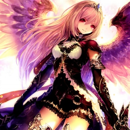 Bahamut - nice, beauty, princess, female, angel, tiara, wings, crown, anime girl, armor, red eyes, gorgeous, pretty, anime, feather, girl, longhair, royalty, lovely, cg, hd, wing, beautiful, sweet, awesome, dress