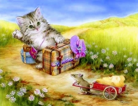 ..Cute Hitchhike.. - travels, hat, rat, animals, kittens, luggage, creative pre-made, pretty, paintings, cute, adorable, draw and paint, lovely, love four seasons, weird things people wear, cats, flowers, colors