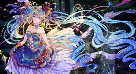 Fancy Dress - nice, realistic, beauty, female, hot, twintail, aqua hair, anime girl, wonderful, miku hatsune, gorgeous, pretty, anime, miku, twin tail, splendid, hatsune miku, sexy, girl, twintails, long hair, gown, cg, hatsune, vocaloids, hd, blue hair, twin tails, vocaloid, beautiful, sweet, dress