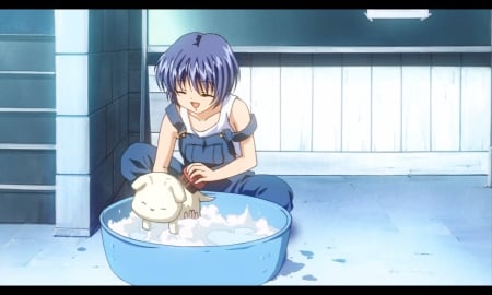 Puppy Bath - nice, bathing, female, smiling, anime girl, bubbles, pretty, dog, anime, cute, short hair, scene, girl, puppy, lovely, blue hair, kawaii, bath, sweet, smile, happy