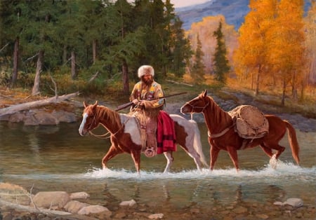 Mountain Man - river, man, horses, autumn