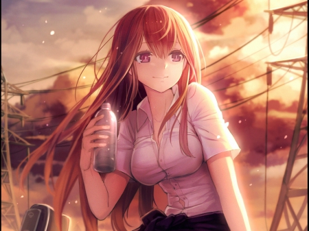 Way Back in the Summer - nice, beauty, sky, female, anime girl, brown hair, pretty, evening, anime, bottle, blouse, scene, maiden, lady, girl, shirt, long hair, lovely, cg, hd, beautiful, scenery, sweet