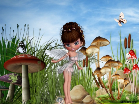 FAIRY GARDEN - FAIRY, MUSHROOMS, BUTTERFLY, FROG