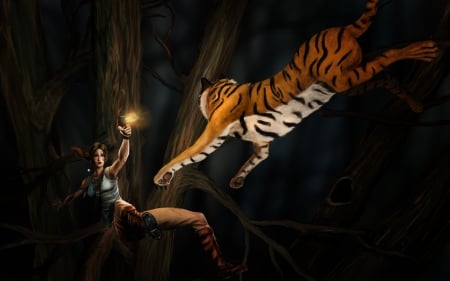 Lara Croft - woman, girl, black, fantasy, tomb raider, art, game, dark, lara croft, tiger