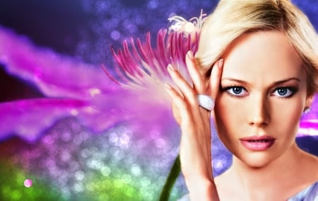 Elena Korikova - woman, bokeh, actress, girl, blue eyes, face, glitter, elena korikova, purple, green, by cehenot, blonde, flower