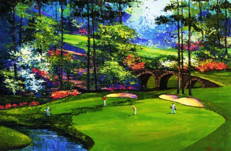 Playing Golf - players, river, trees, artwork, park