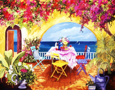 Balcony View - chair, artwork, table, flowers, sea