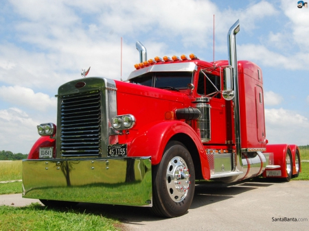 Red Pete With A Nice Set Of Kustom Stacks - peterbilt, semi, big rig, truck