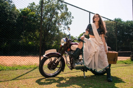 Royal Enfield Girl - fence, park, beauties, motorcycle, model