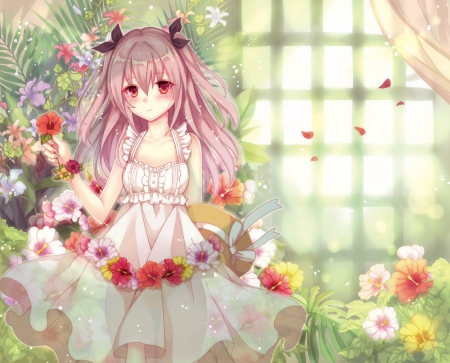 Pretty Flower - pretty, blushing, anime, kawaii, female, blossom, maiden, dress, long hair, nice, pink hair, anime girl, girl, blush, sundress, lovely, sweet, flower, petals, flora, lady, shy, adorable, floral