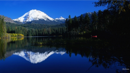 The Red Boat - summer, forest, mountains, boat, lake, reflection, river, trees, snow