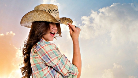 ~Cowgirl~ - sky, hat, cowgirl, clouds, brunette