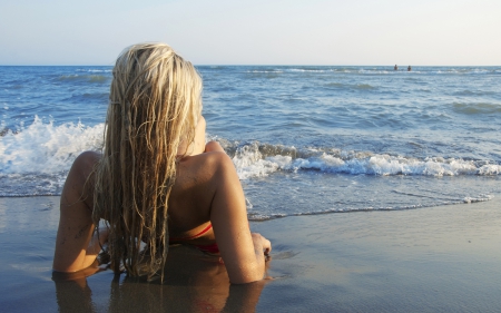 Enjoying the View - beach, sand, waves, blonde, model