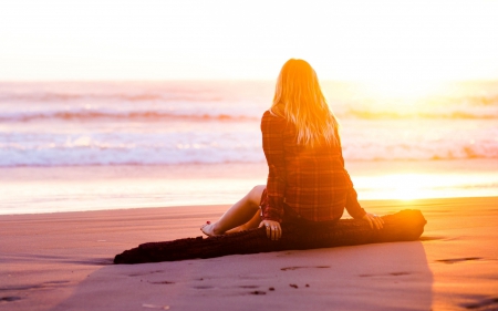 Sunest Beach - sunset, beach, view, log, model, driftwood