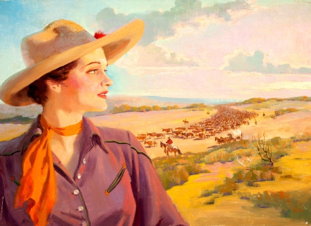 Classic Cowgirl Art - style, girls, westerns, women, cowboys, hats, cowgirls, drawing, art, horses, fantasy, fun, cattle drive, female, painting