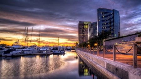 city marina at sunset hdr - boats, marina, city, harbor, hdr, sunset, waterfront