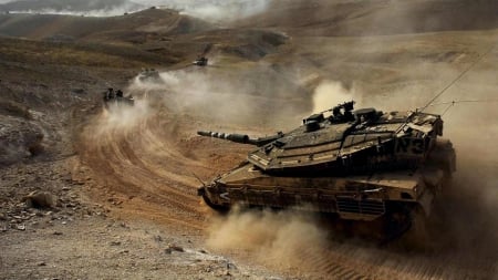 column of israeli merkava tanks in the desert - tanks, desert, dust, sand, column, military