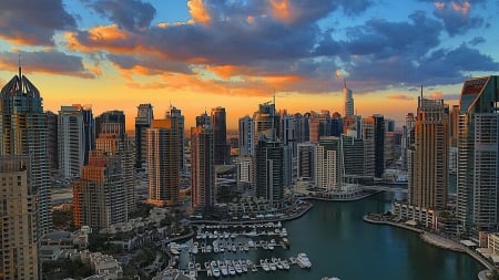 fabulous dubai marina at sunset - boats, marina, skyscrapers, sunrise, harbor, city