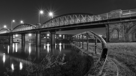 fantastic bridgescape in black and white hdr - river, night, black and white, hdr, shore, bridge, lights