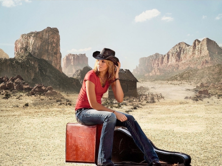 A Lost Cowgirl - women, fun, female, desert, boots, hats, plains, models, girls, cowgirls, guitar, suitcase, famous, westerns