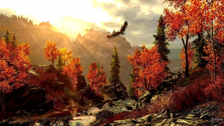 High Mountain Autumn - gulley, bird, trees, sunshine, morning, valley, fall, eagle, autumn, bright, mountains, sky