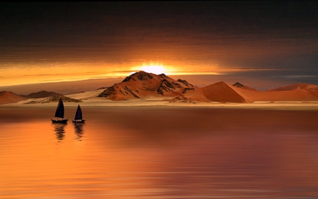 Sunset on Sailboats - sailboats, mountains, sunset, reflection