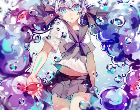 ~Bottle Miku~ - bows, hatsune miku, skirt, blue eyes, ribbons, bubbles, underwater, ponytails, vocaloid, anime, bottle miku