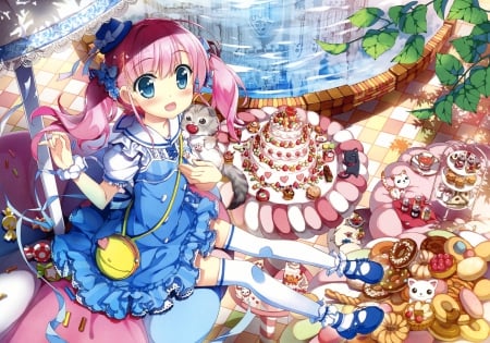 ~Kitties & Sweets~ - anime, water, thighhighs, dress, food, girl, shoes, colorful, umbrella, dessert, cake, pink hair, candy, kitties