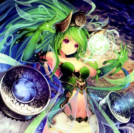 Green Fire - anime, anime girl, female, magic, beautiful, hot, girl, beauty, green hair, long hair, cg, armor, green, hd, sexy