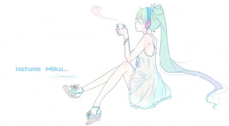 Music & Coffee - vocaloid, anime, headphones, ponytails, mug, dress, hatsune miku