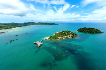 Koh Rong Island Resort - ocean, beach, boats, paradise, turquoise water, summer, tropical, clouds, beautiful, island, cambodia, resort, aerial view