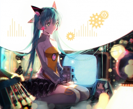 ~Starry Eyed Miku~ - hatsune miku, skirt, twintails, blue eyes, thighhighs, long hair, blue hair, vocaloid, headphones, anime