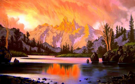 âœ«Awaiting Twilightâœ« - trees, mountains, creative pre-made, reflections, sunsets, paintings, rivers, landscapes, attractions in dreams, summer, stunning, nature, love four seasons, beautiful, panoramic view, twilight, scenery, colors